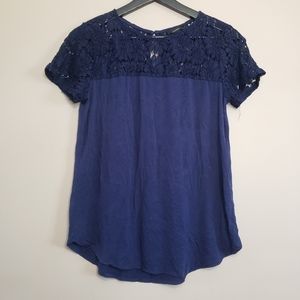 Halogen lace trim top baby doll style t-shirt S navy blue